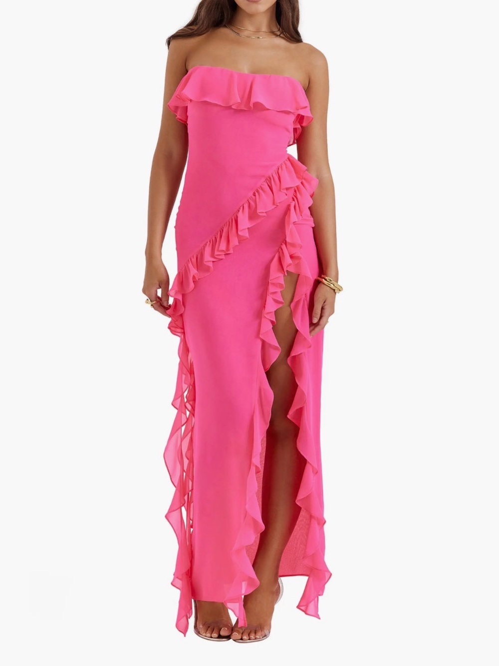 House of CB “Sarina” Hot Pink Strapless Ruffle Maxi Dress